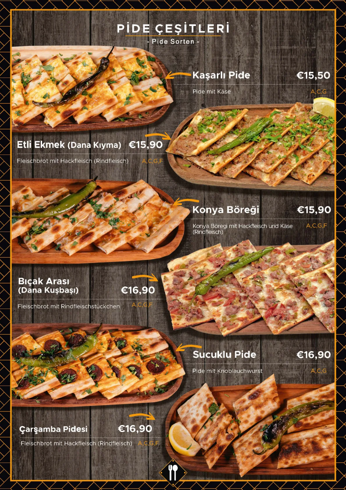 Speisekarte – Pide Çeşitleri